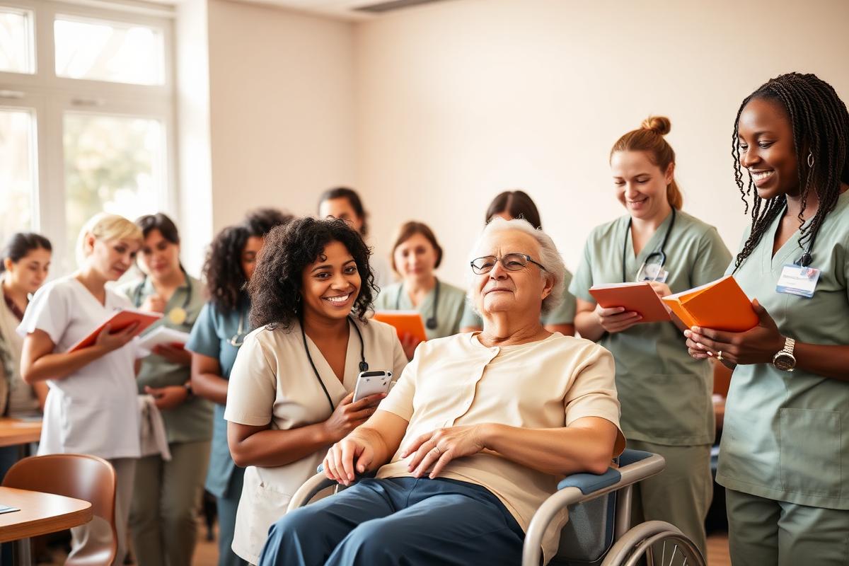 Diverse caregivers training together in a bright classroom