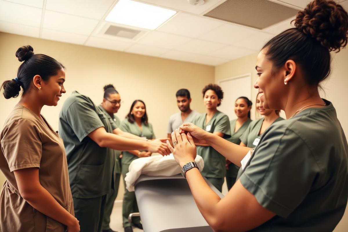 CNA students practicing patient transfer techniques in a training classroom